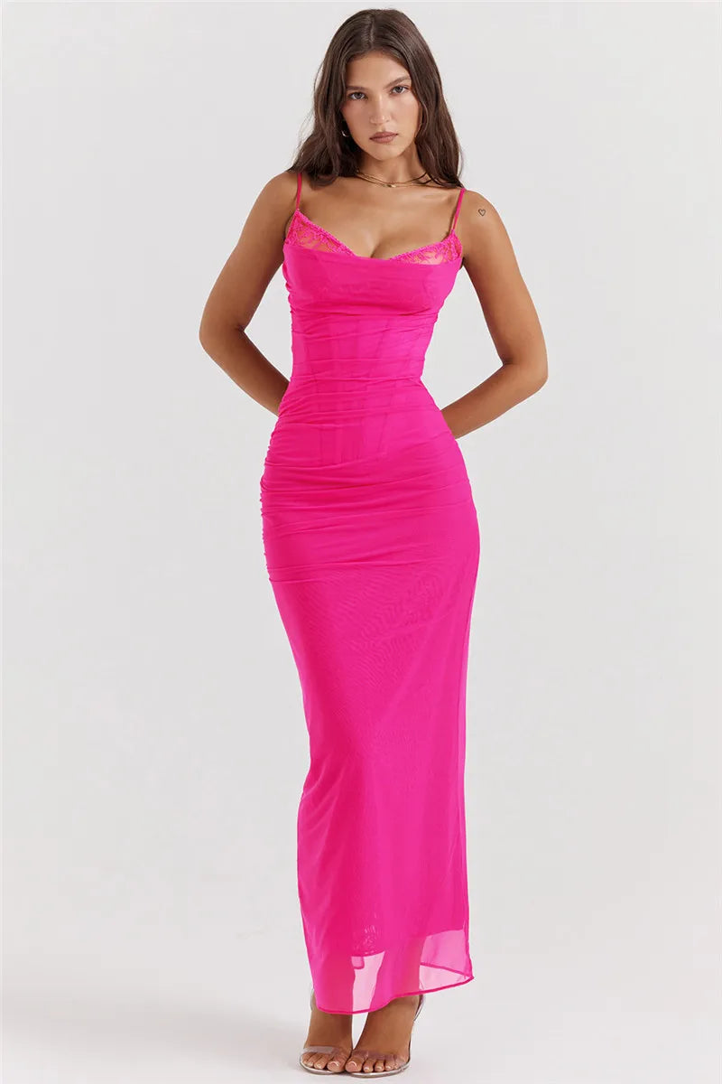 Fitted Maxi Chiffon Dress with Lace Details - Rosalia