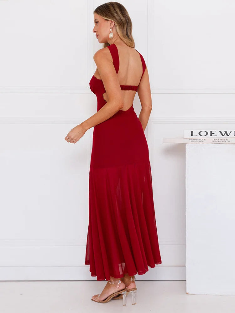 Maxi Collar Dress with Chiffon Detail and Open Back - Rachel