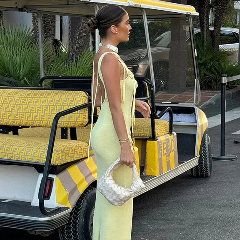 Knitted Beach Maxi Dress with Flower Appliqué Detail - Holly