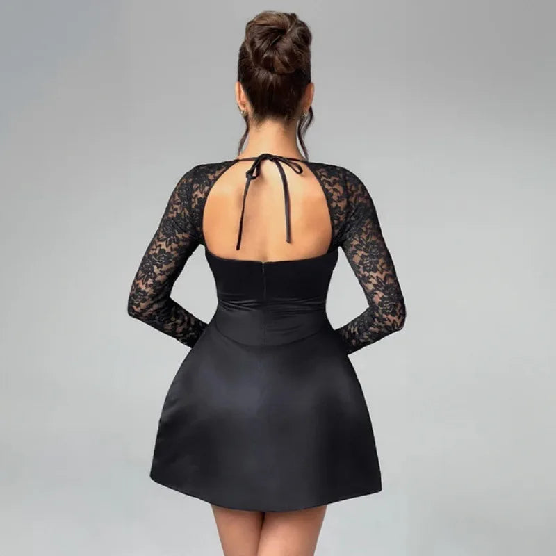 Satin Mini Dress with Lace Sleeves - Far