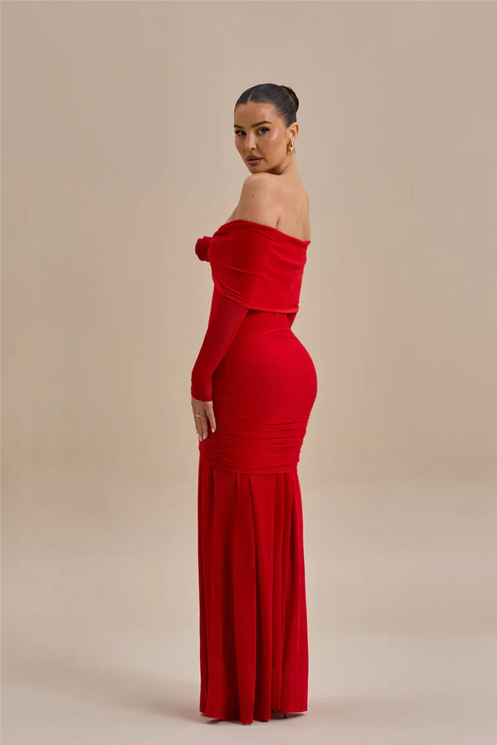 Off-shoulder maxi dress with ruching and floral appliqué decoration - Angelica