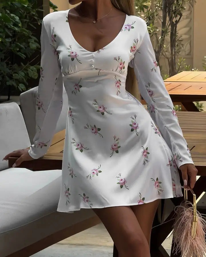 Satin Mini Dress with A-Line Cut and Floral Print Decoration - Ariya
