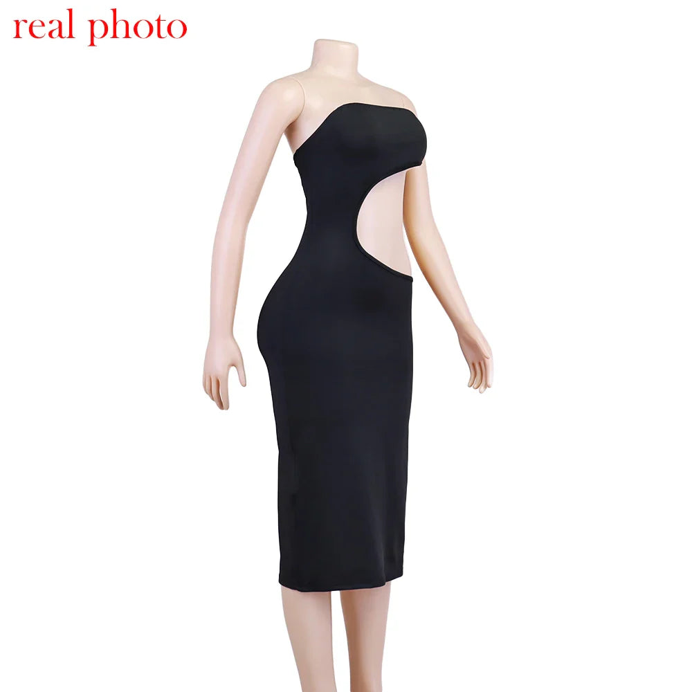 Strapless Midi Dress with Exposed Midriff - Ryan