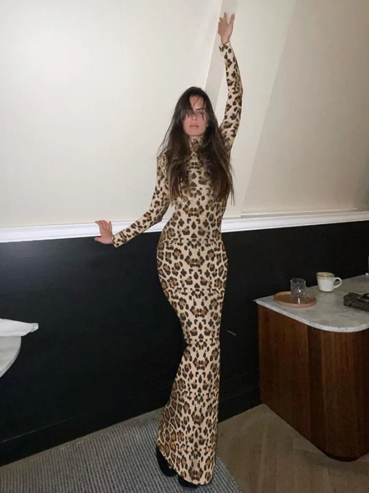 Leopard print maxi dress with turtleneck - Marilyn