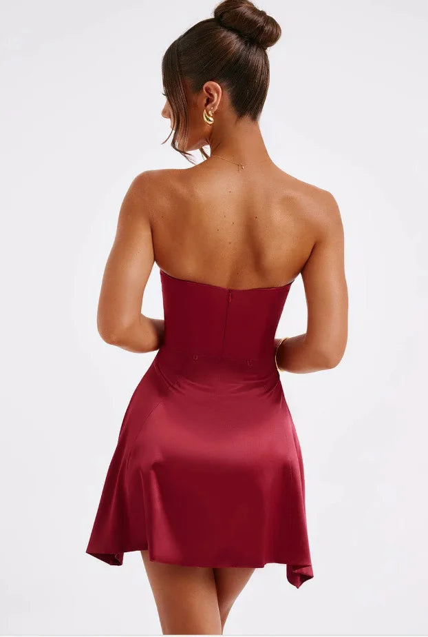 Strapless Satin Mini Dress with A-Line and Asymmetric Bow Detail - Roselyn