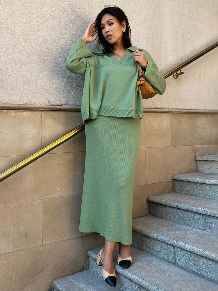 Loose two-piece knitted set maxi skirt and top - Shilav
