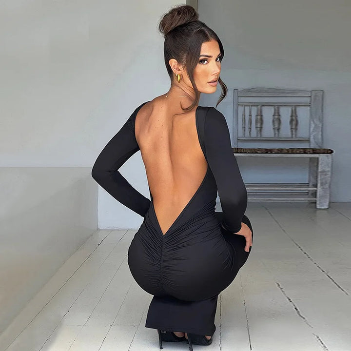 Elegant Maxi Dress with Open Back and Long Sleeves - Amalia