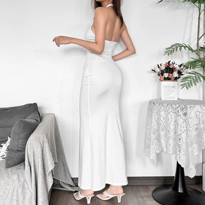Fitted Maxi Dress with Ruffle Decoration and Slit Design - Jolene