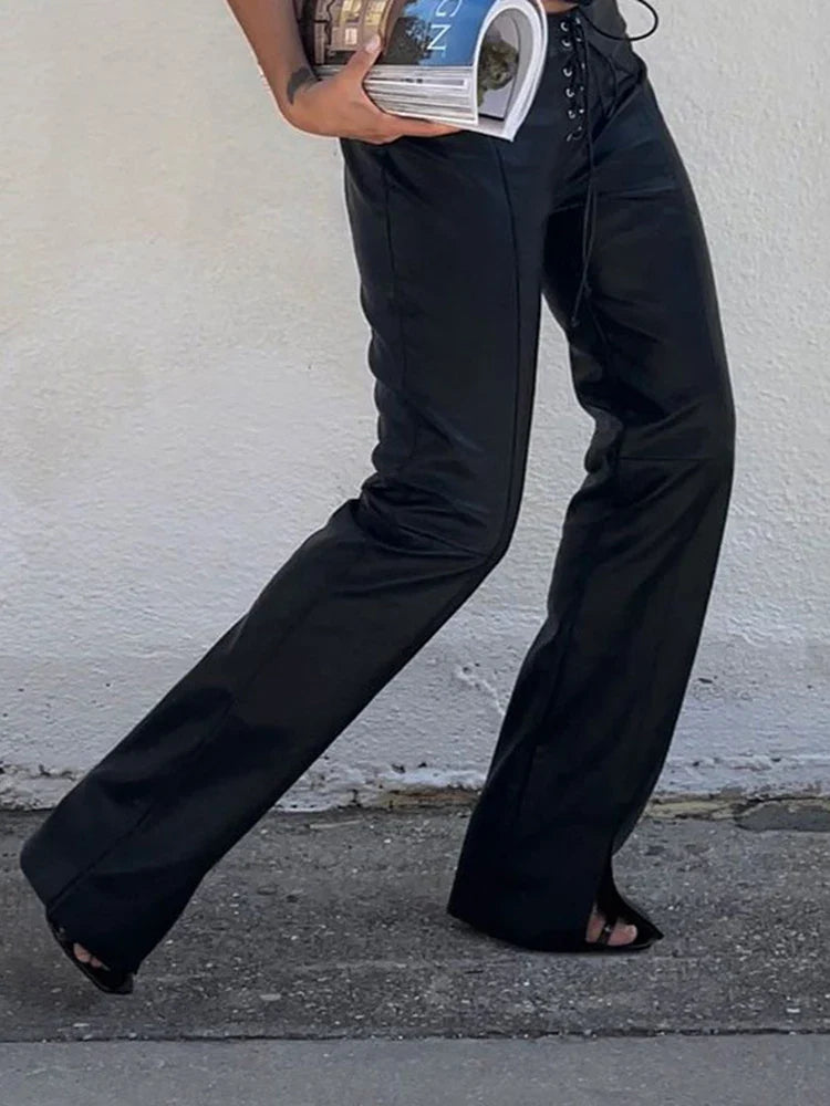 High-Waisted Leather Pants with Tie Detail - Mai