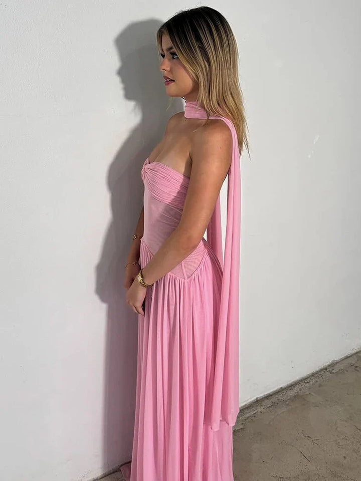 Strapless chiffon maxi dress with ruching and matching scarf decoration - Mia