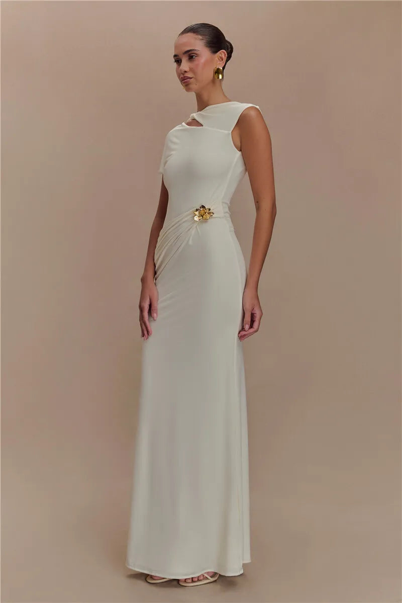 Elegant Maxi Dress with Ruching, One Sleeve, and Buckle Detail - Agatha