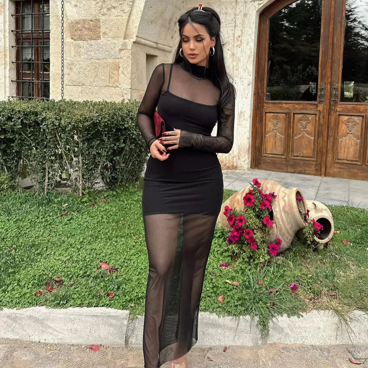 Mesh Maxi Dress with Turtleneck Underskirt - Isabella