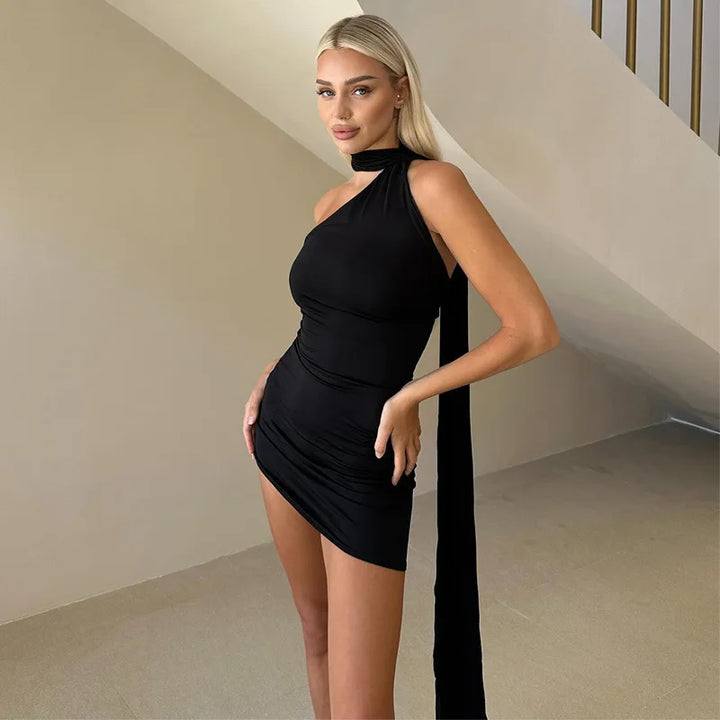 Mini Dress with Open Back, Asymmetric Collar, and Neck Tie Decoration - Rain