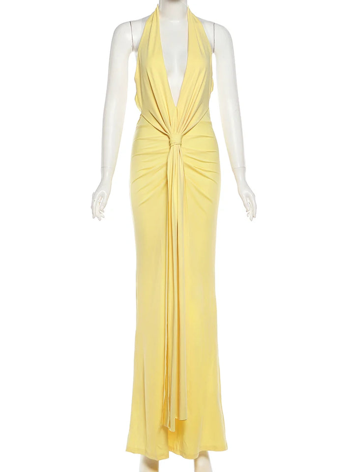 Satin Maxi Dress with V-Neck, Pleats, and Open Back - Shannon