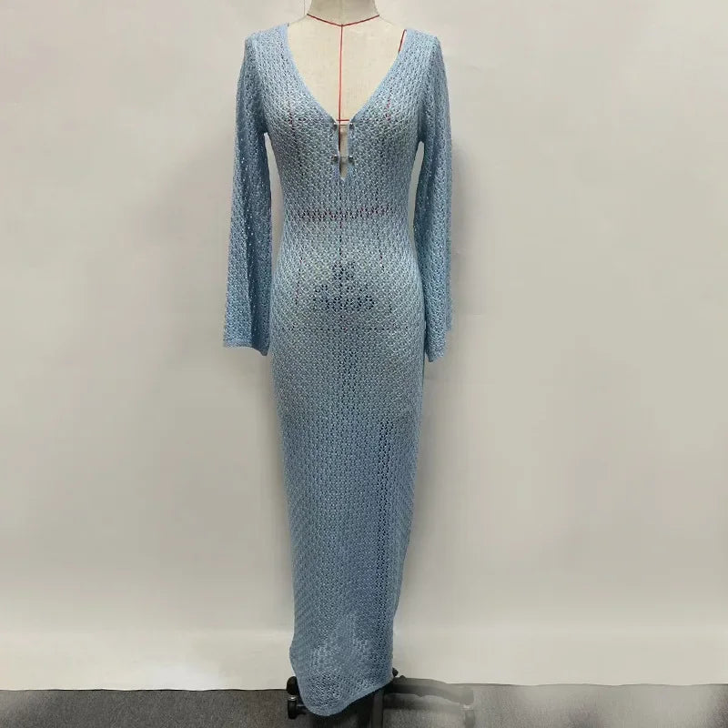 Knitted Maxi Beach Dress with Open Back and Pearl Pin Decoration - Lina