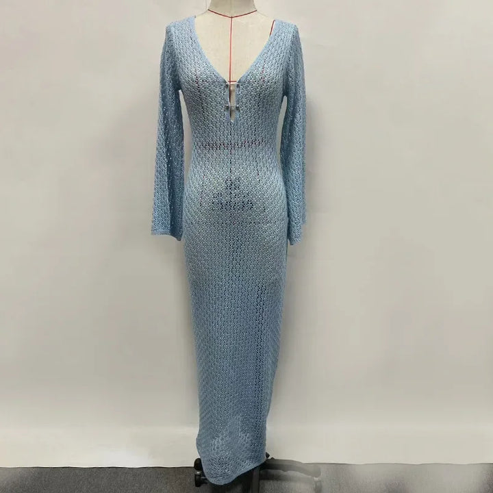 Knitted Maxi Beach Dress with Open Back and Pearl Pin Decoration - Lina