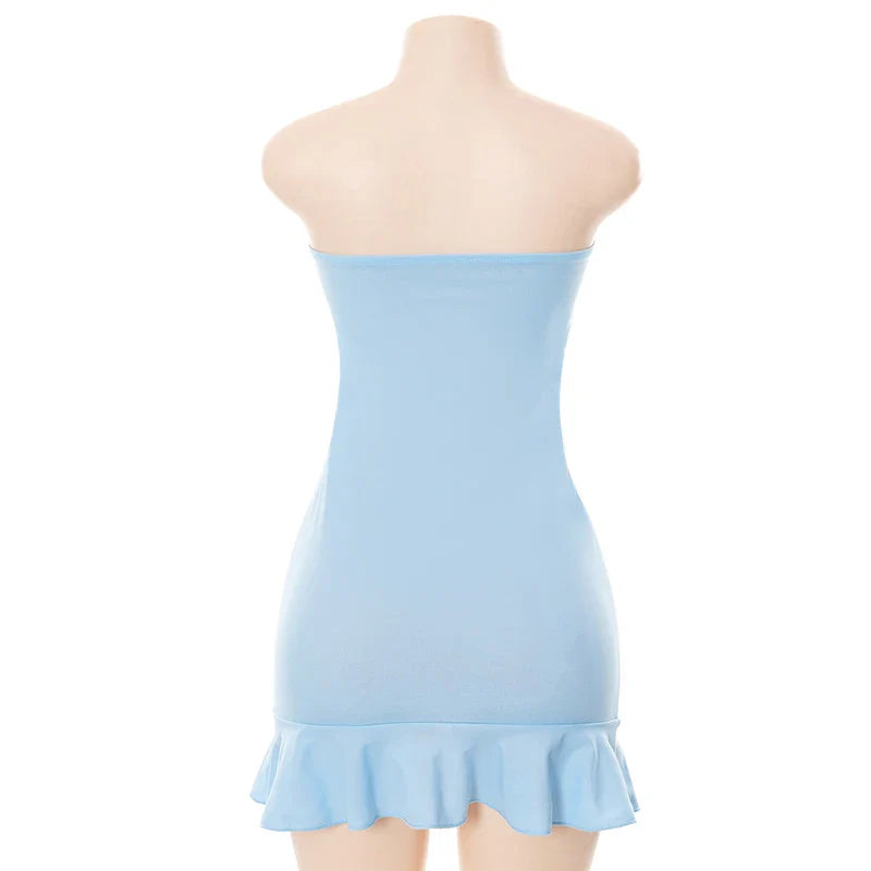 Fitted strapless mini dress decorated with ruffle - Blue
