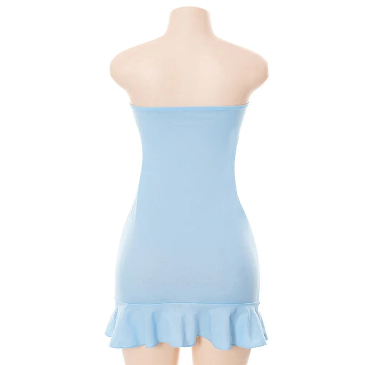Fitted strapless mini dress decorated with ruffle - Blue