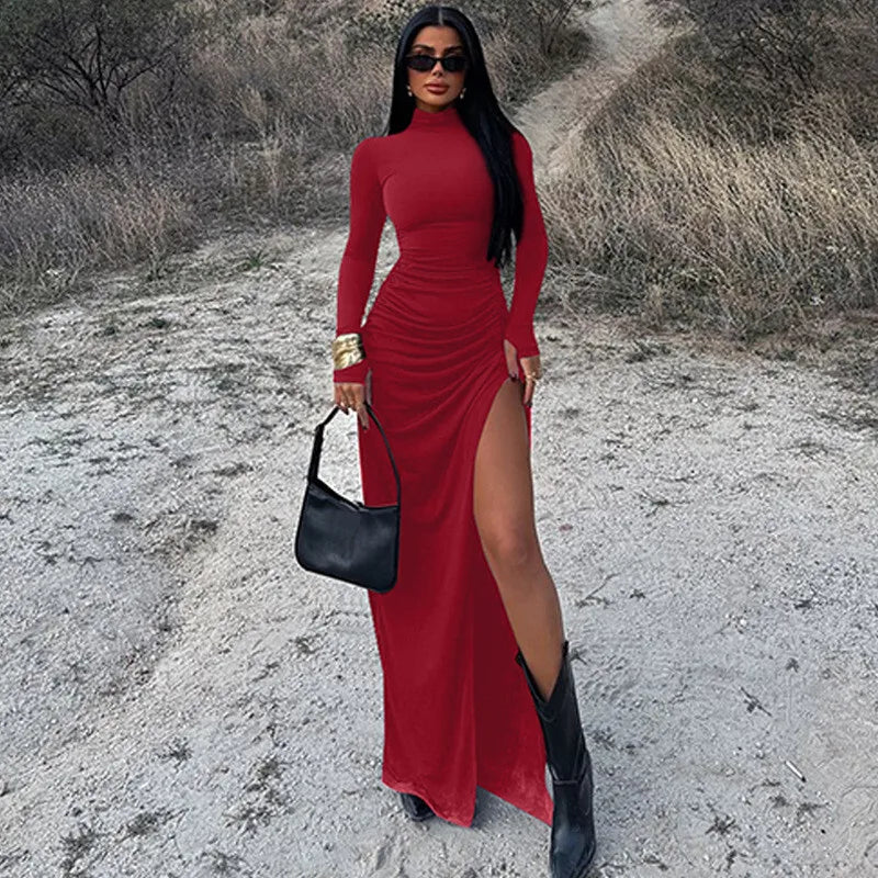 Maxi Dress with Ruching, Turtleneck, and Deep Slit - Sasha