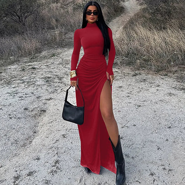 Maxi Dress with Ruching, Turtleneck, and Deep Slit - Sasha