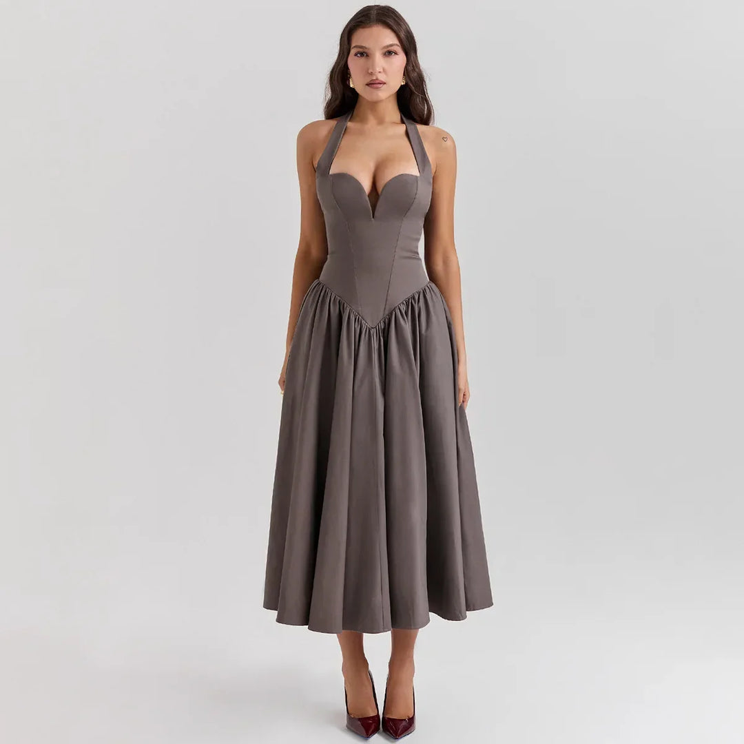 Midi A-Line Dress with Corset Design, Neck Tie - Tanya