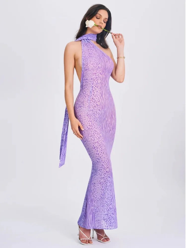 Leopard Print Mesh Maxi Dress with Open Back and Neck Tie - Jessica