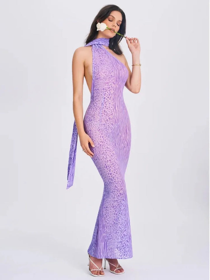 Leopard Print Mesh Maxi Dress with Open Back and Neck Tie - Jessica