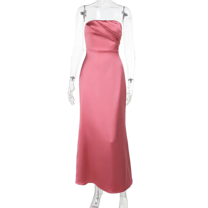 Maxi Strapless Satin Dress with Pleated Design - Rosa