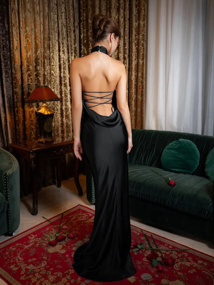 Maxi Satin Dress with Collar and Open Back - Aliya