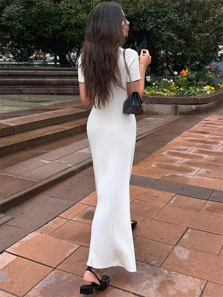 Knitted Maxi Dress with Elegant Design and Button Decoration - Ivanna