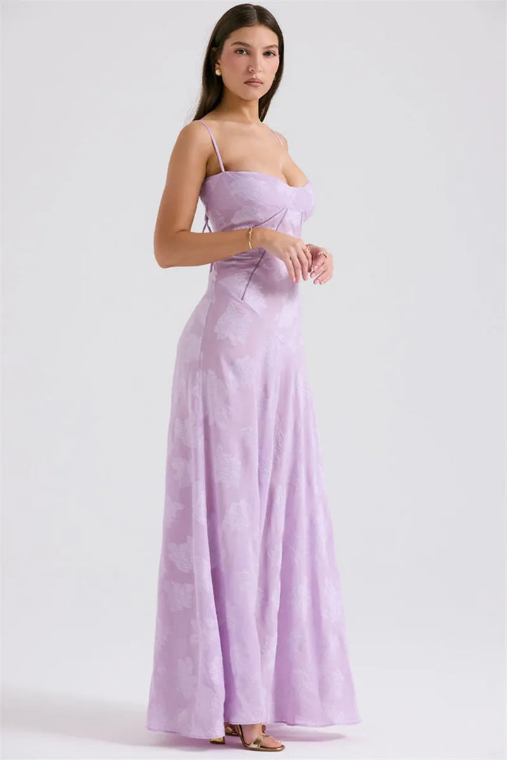 Maxi Dress with Floral Embroidery, Back Tie for Waist Fit - Millie