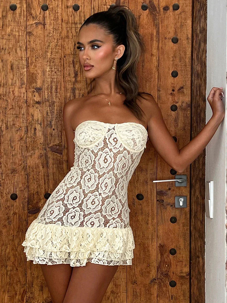 Strapless Lace Mini Dress with Ruffle - Cecelia