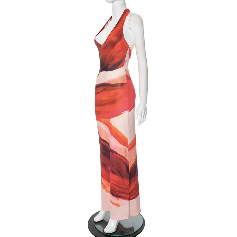 Maxi Dress with Colorful Print, Neck Tie, and Open Back - Chulia