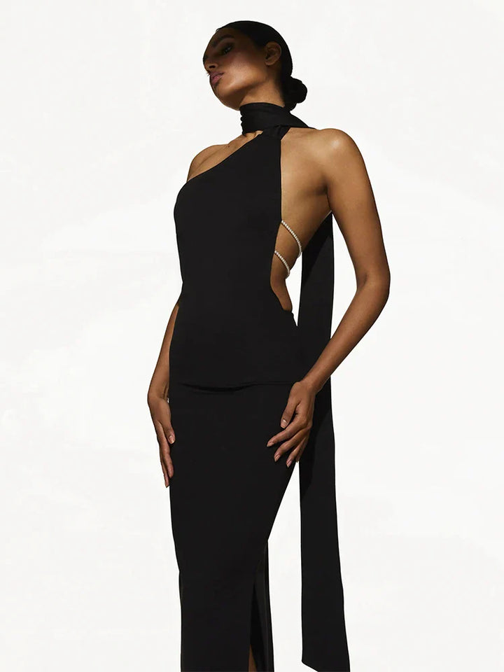 Maxi Dress with Chain Detail on Back and Neck Tie - Annalise