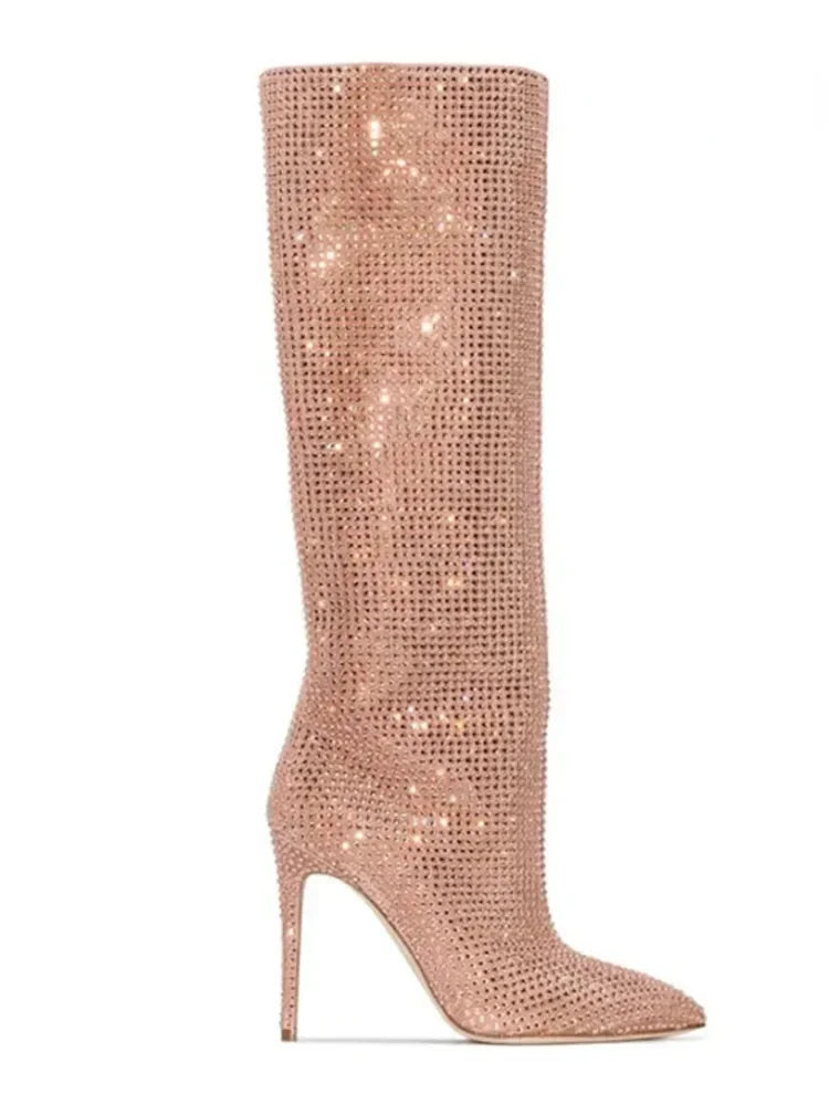 High Pointed Heel Boots with Sparkling Rhinestone Design - Josie