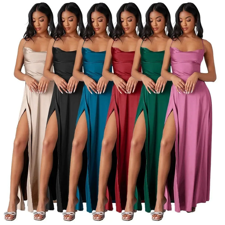 Maxi Satin Dress with Slit Detail and Back Tie - Leona
