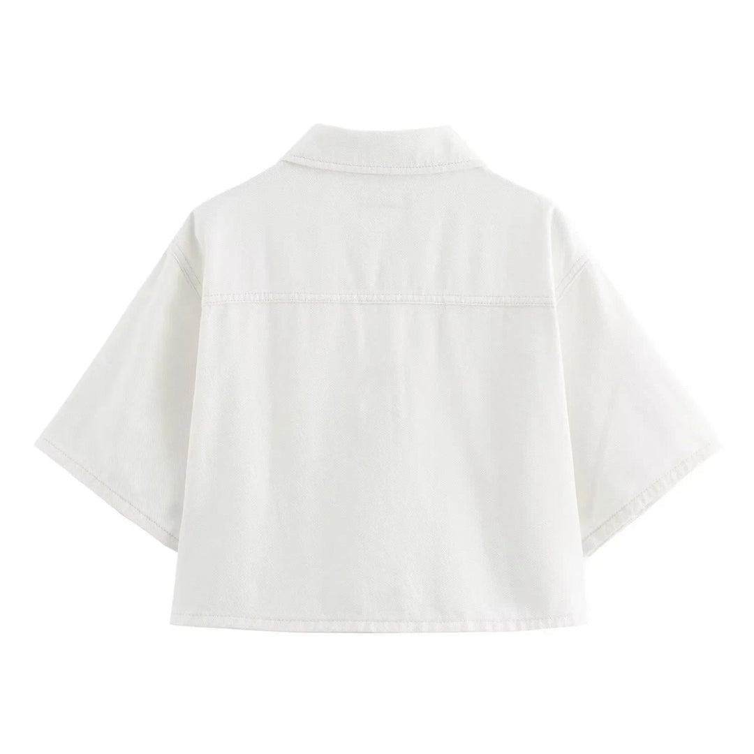 Two-Piece White Denim Set with Mini Skirt Pants and Buttoned Polo Collar Blazer - Genesis
