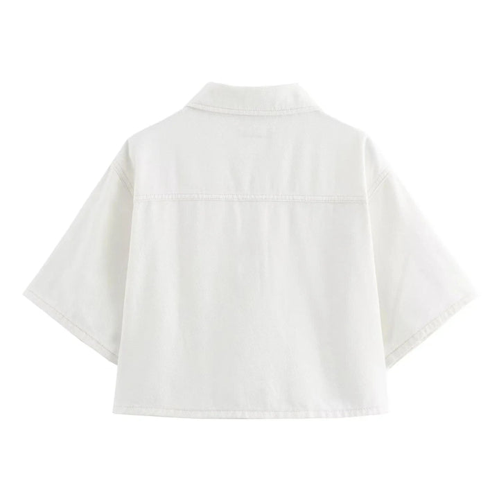 Two-Piece White Denim Set with Mini Skirt Pants and Buttoned Polo Collar Blazer - Genesis