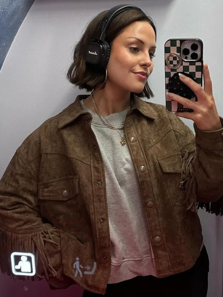 Suede Jacket with Fringe Design - Brown