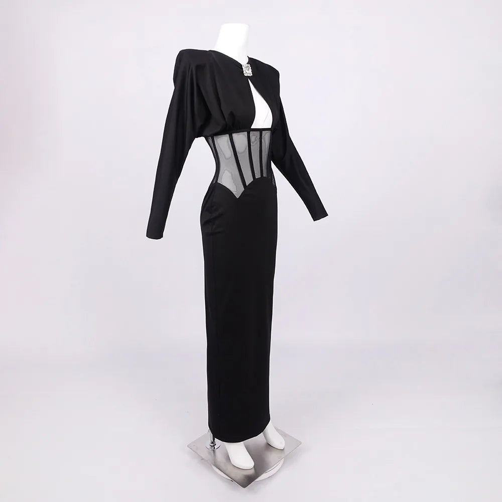 Maxi Dress with Mesh Corset Design and Diamond Buckle Decoration - AMOR