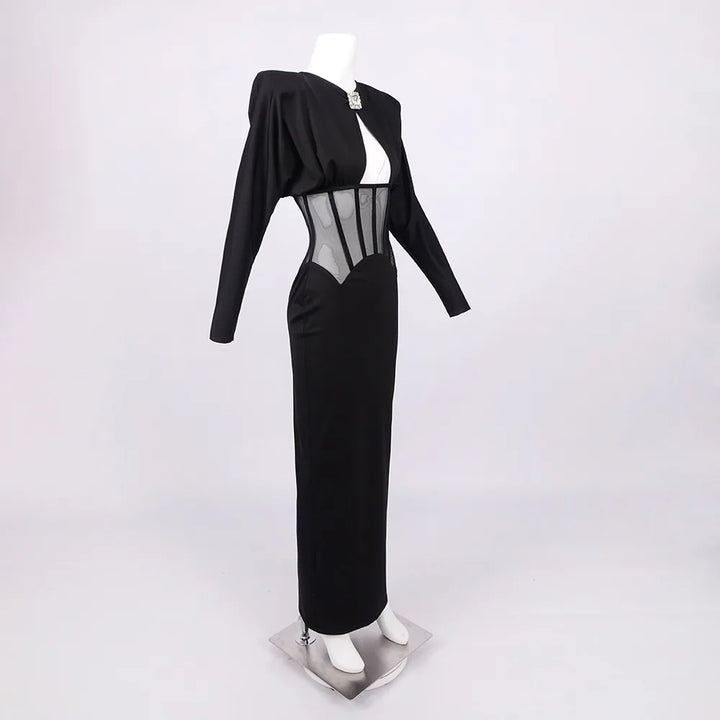Maxi Dress with Mesh Corset Design and Diamond Buckle Decoration - AMOR