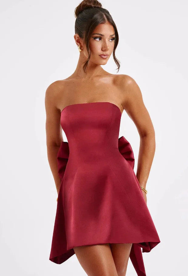 Strapless Satin Mini Dress with A-Line and Asymmetric Bow Detail - Roselyn