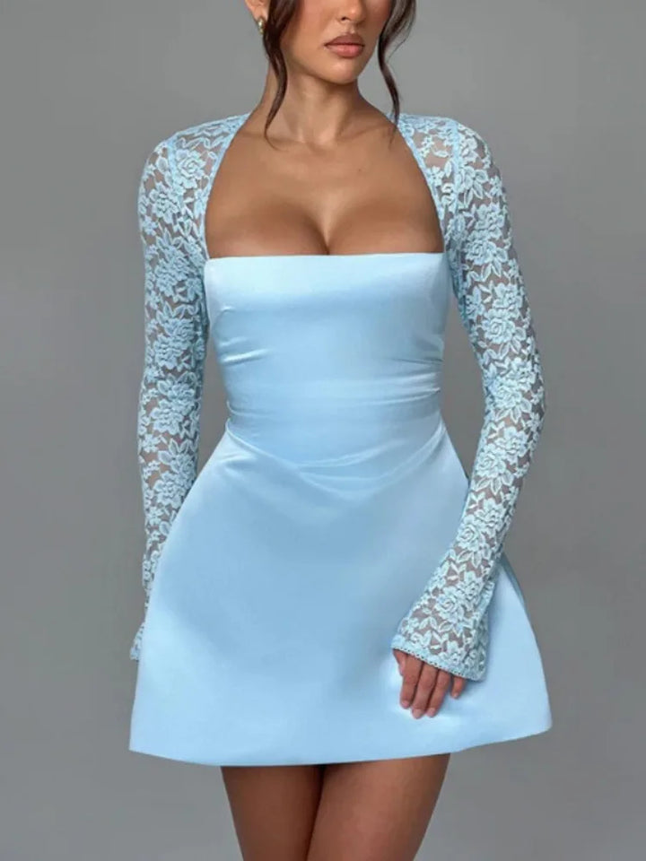 Satin Mini Dress with Lace Sleeves - Far