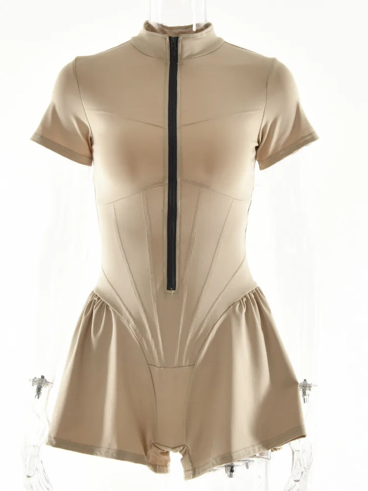Short Sporty Jumpsuit with Corset Cut and Front Zipper Closure - Averie