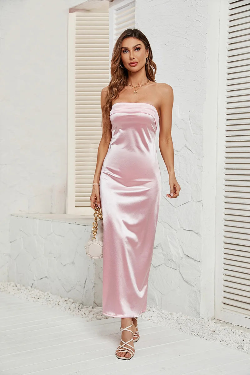 Strapless satin maxi dress with open back - ANATALYA