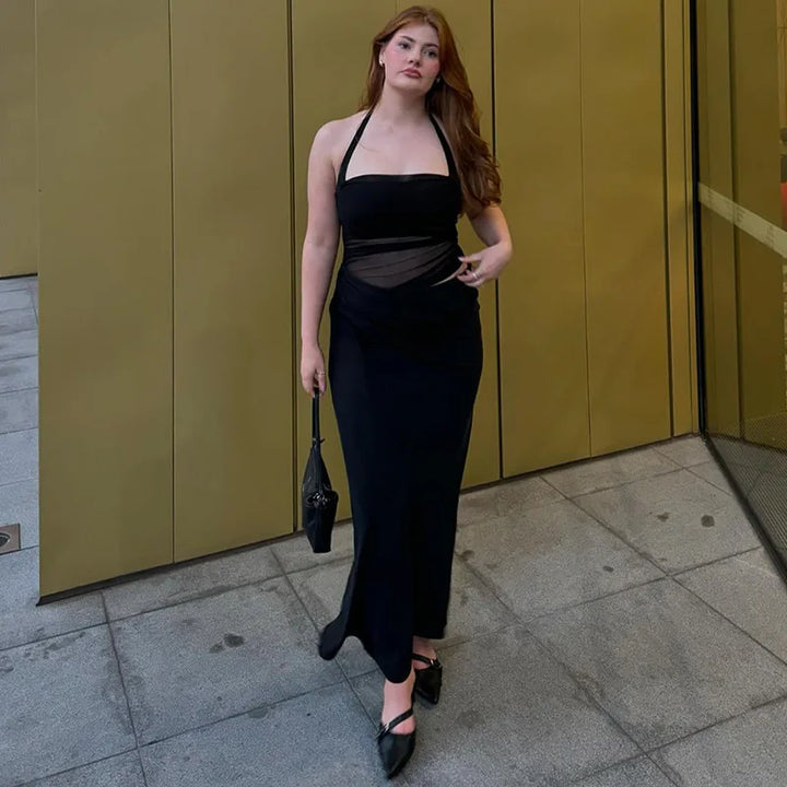 Satin Maxi Dress with Gathered Mesh Top and Open Back - Arya