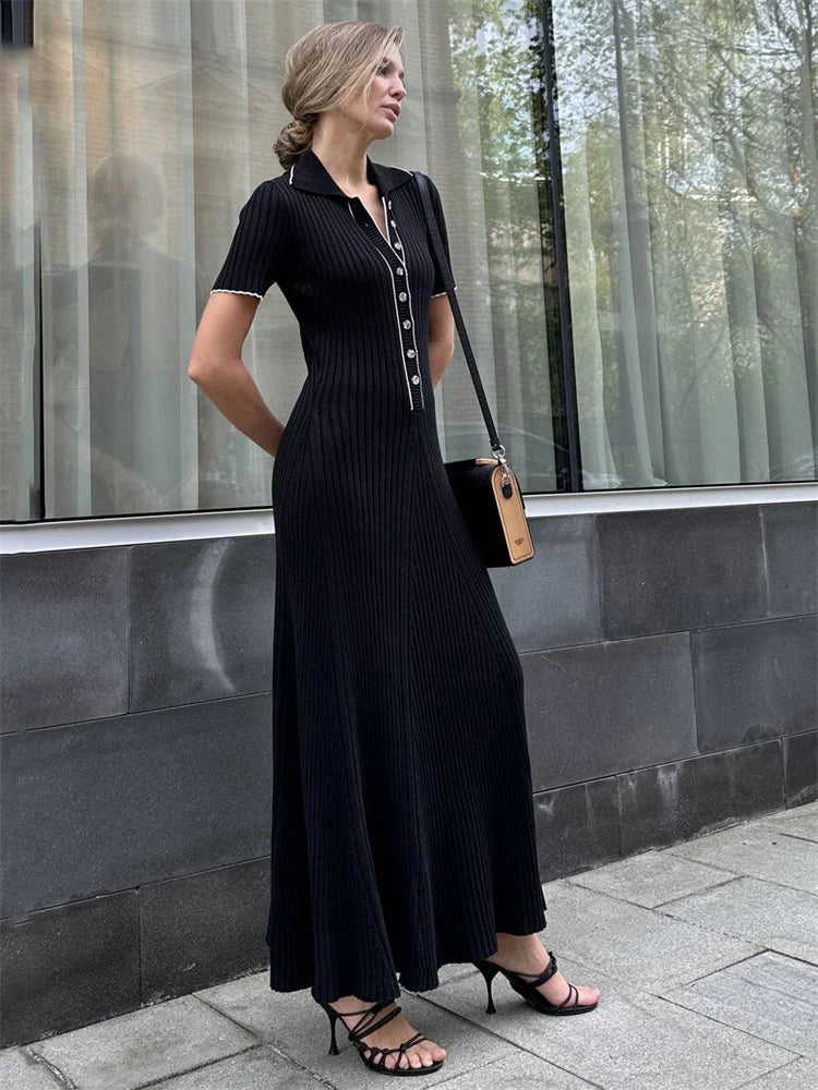 Knitted Maxi Dress with Elegant Design and Button Decoration - Ivanna
