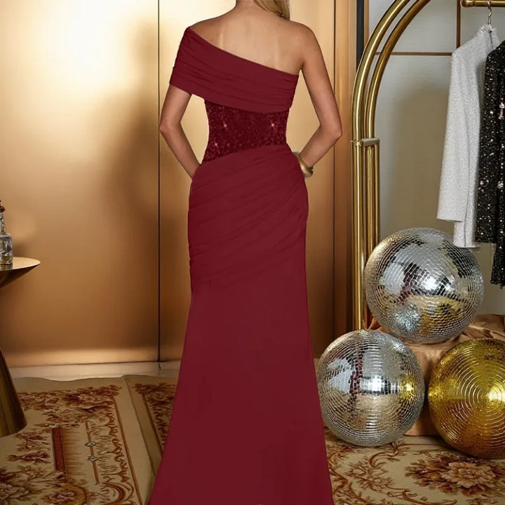 One-Shoulder Maxi Dress with Pleats and Sequins - Ara
