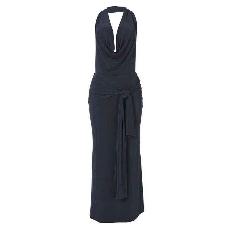 Knitted Suede Maxi Dress with Draped Collar, Open Back, and Tie Detail - Michaela