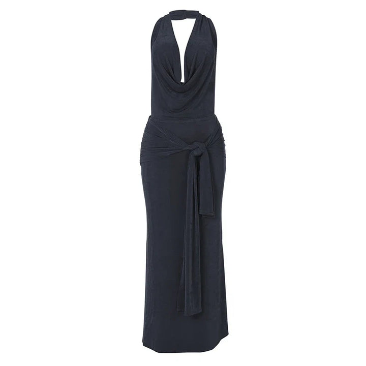 Knitted Suede Maxi Dress with Draped Collar, Open Back, and Tie Detail - Michaela